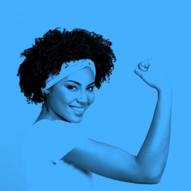 woman flexing arm, blue filter