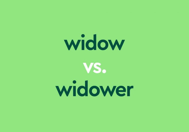 dark green text "widow vs widower" on light green background