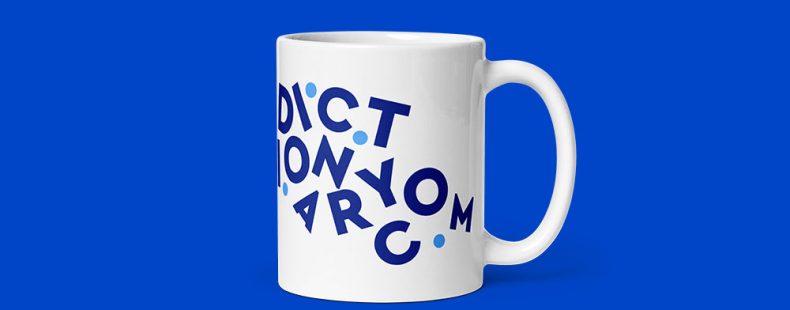 Dictionary.com mug on blue background