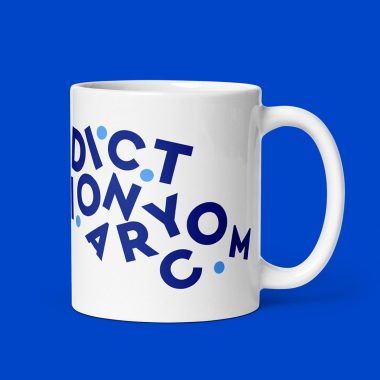 Dictionary.com mug on blue background