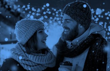 couple with coffee in winter, blue filter