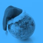 globe with Santa hat, blue filter