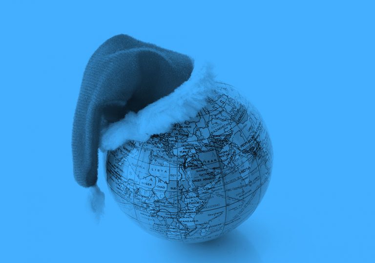 globe with Santa hat, blue filter