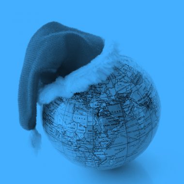 globe with Santa hat, blue filter