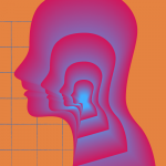 image of computer-generated red person in front of an orange and blue grid