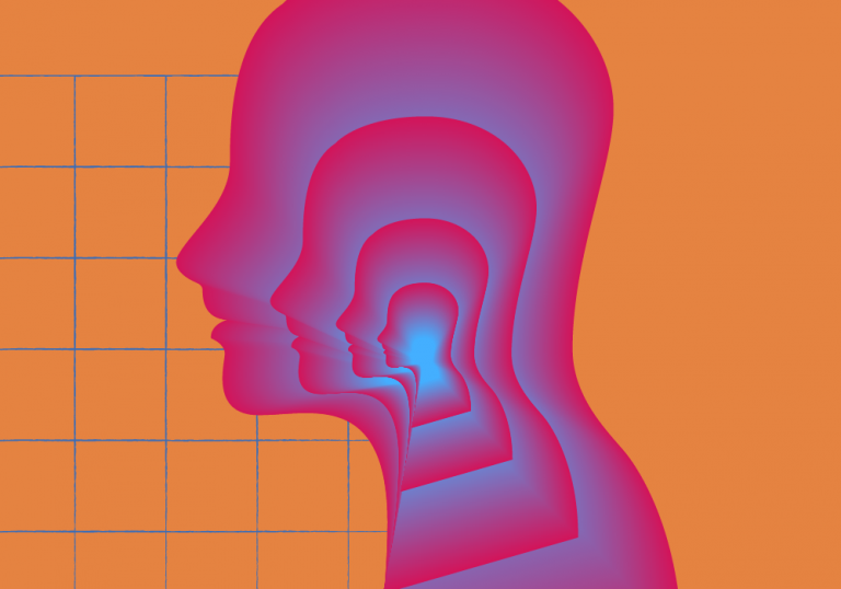 image of computer-generated red person in front of an orange and blue grid