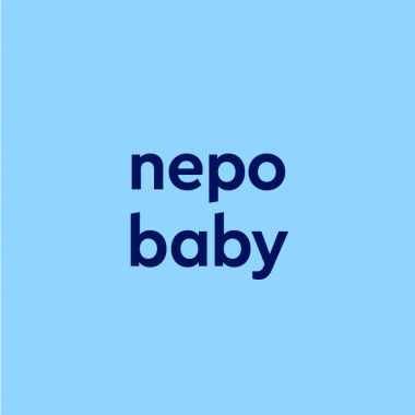 dark blue text "nepo baby" on blue background