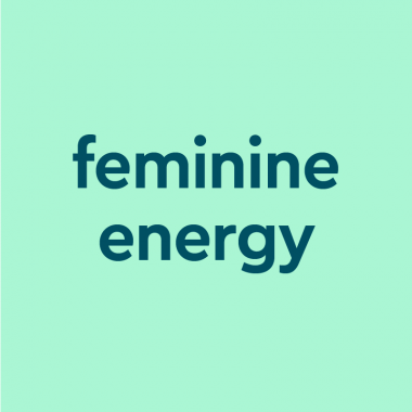 dark aqua text "feminine energy" on light aqua background