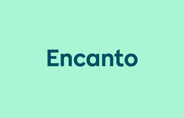 dark aqua text "Encanto" on light aqua background