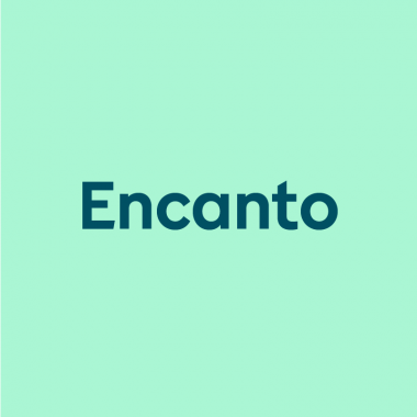 dark aqua text "Encanto" on light aqua background