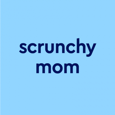 dark blue text "scrunchy mom" blue background
