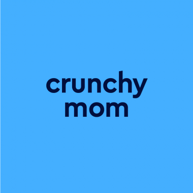 dark blue text "crunchy mom" blue background