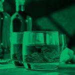 whiskey and glasses; green filter