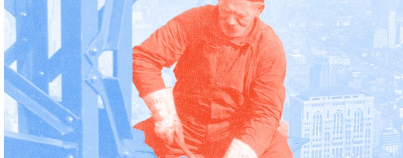 worker; red blue background