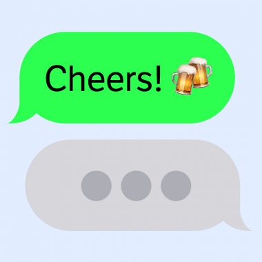 clinking beer mugs; text message