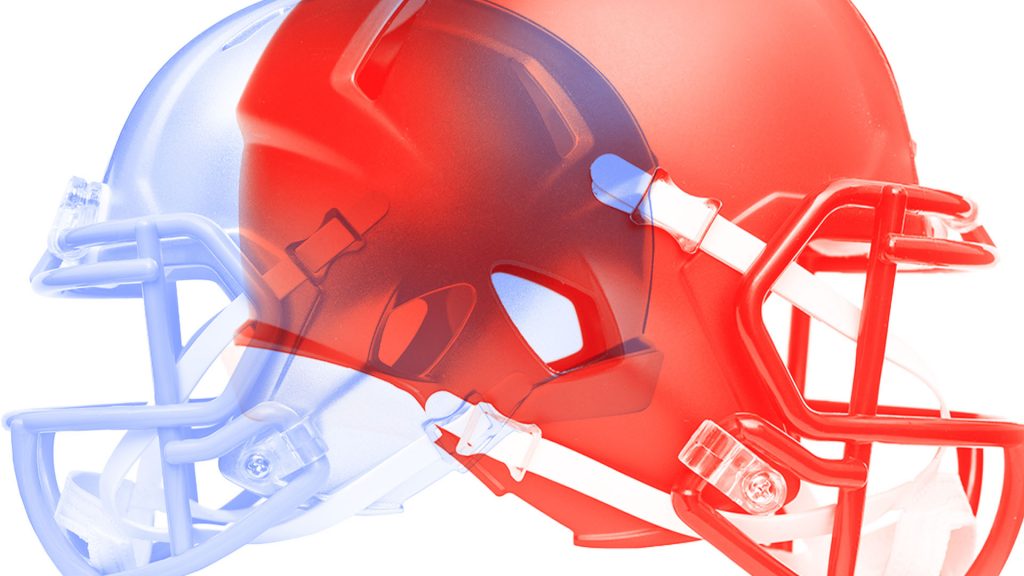 American football helmet; red and blue