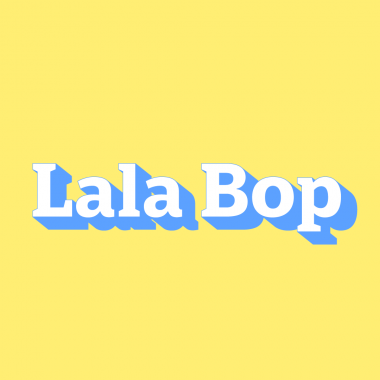 lala bop blue/white text on yellow background