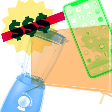 blender, tv, phone wish dollar sign; various colors