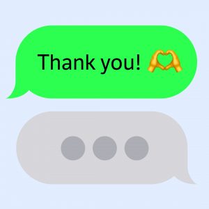text message saying thank you with heart hands emoji