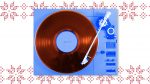 vinyl player, blue, on holiday sweater print background