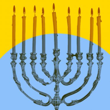 menorah; blue yellow background