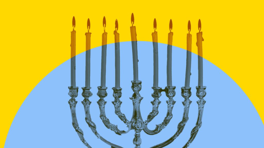 menorah; blue yellow background