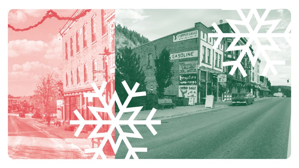 small town decorated for winter holidays