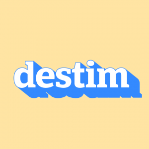 white blue text destim; yellow background