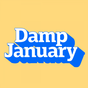 white blue text Damp January