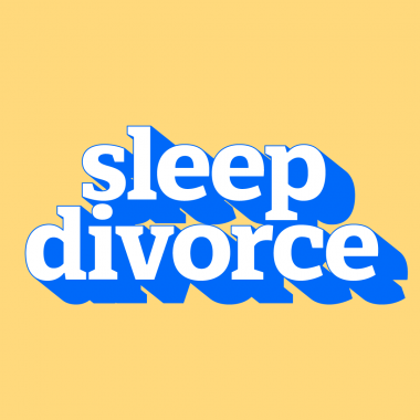sleep divorce white/blue text yellow background