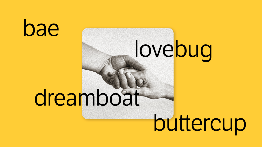 yellow background, terms in black: bae, lovebug, buttercup, dreamboat
